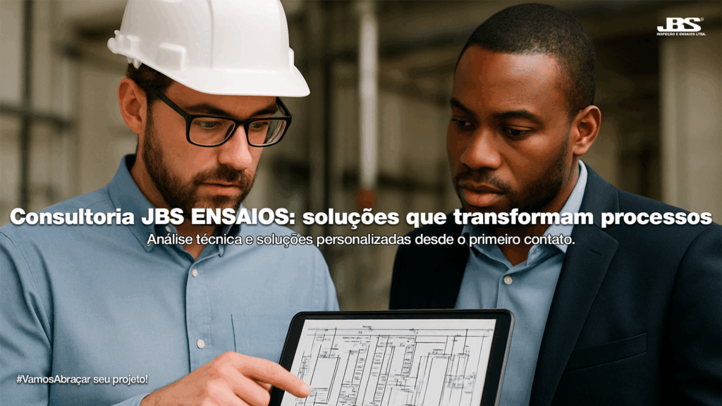 Dois profissionais analisam projeto técnico em tablet durante consultoria de Ensaios Não Destrutivos da JBS Ensaios.